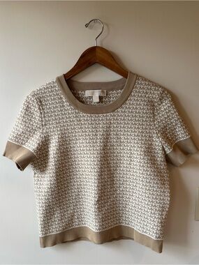 Michael Kors Cream and Tan Logo Jacquard Short Sleeve Top